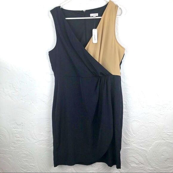 Charming Charlie Black Tan Cross Front Wrap style Pencil Dress NEW - Picture 1 of 9